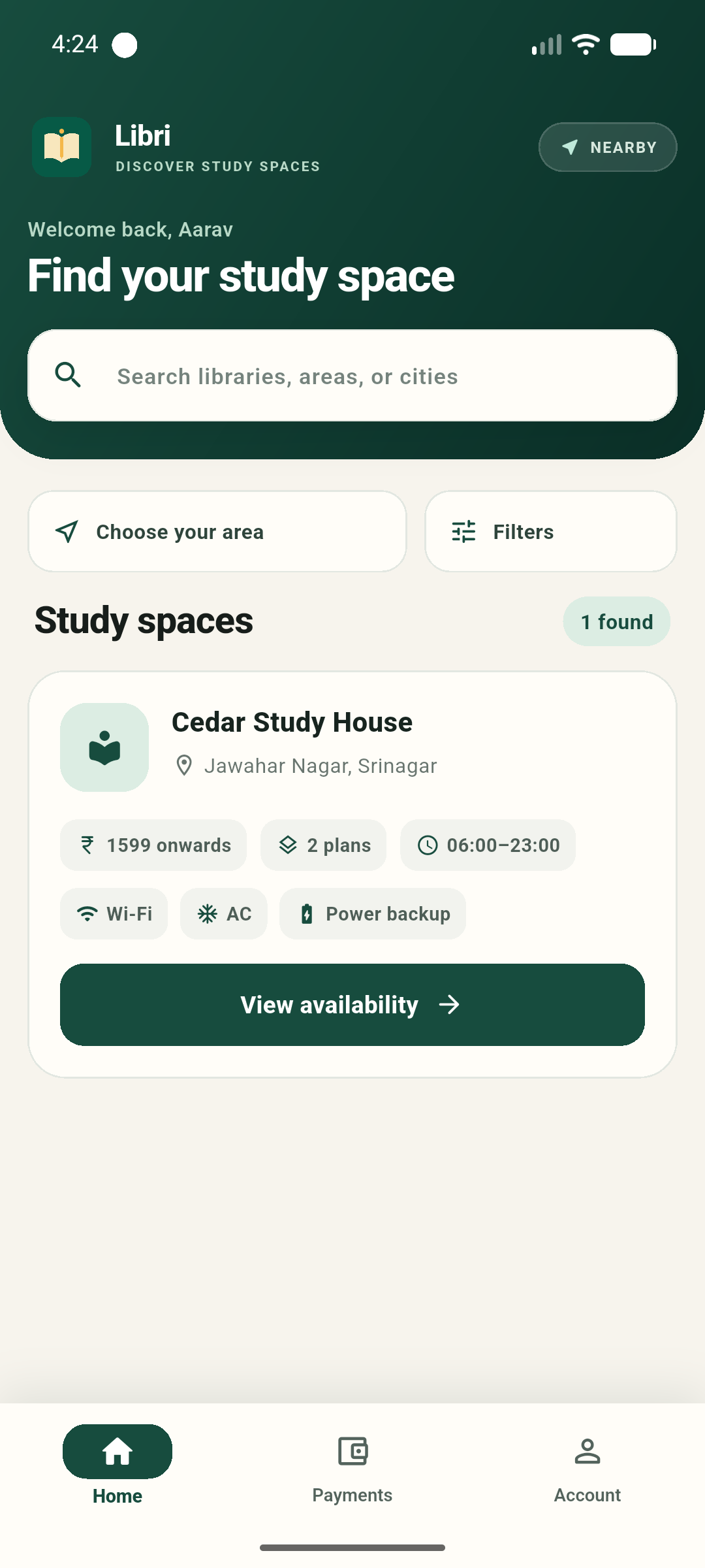 Libri Android app showing study-library discovery by city, area, plans and amenities.